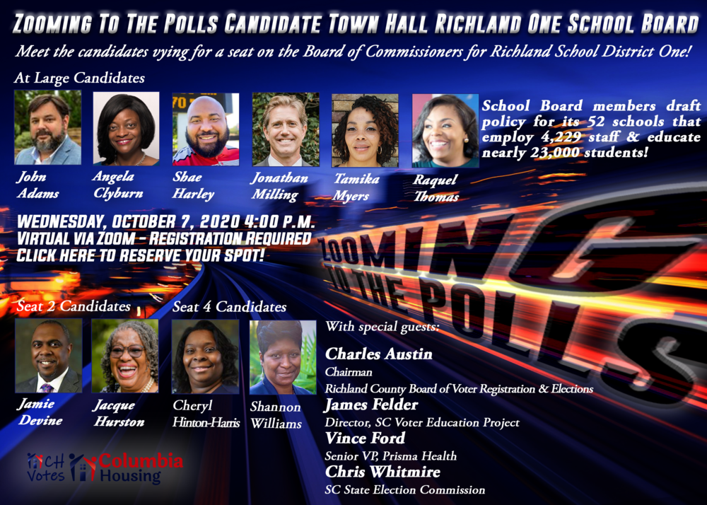 Zooming to the Polls flyer for October 7, 2020. School Board candidates from Richland One to be featured