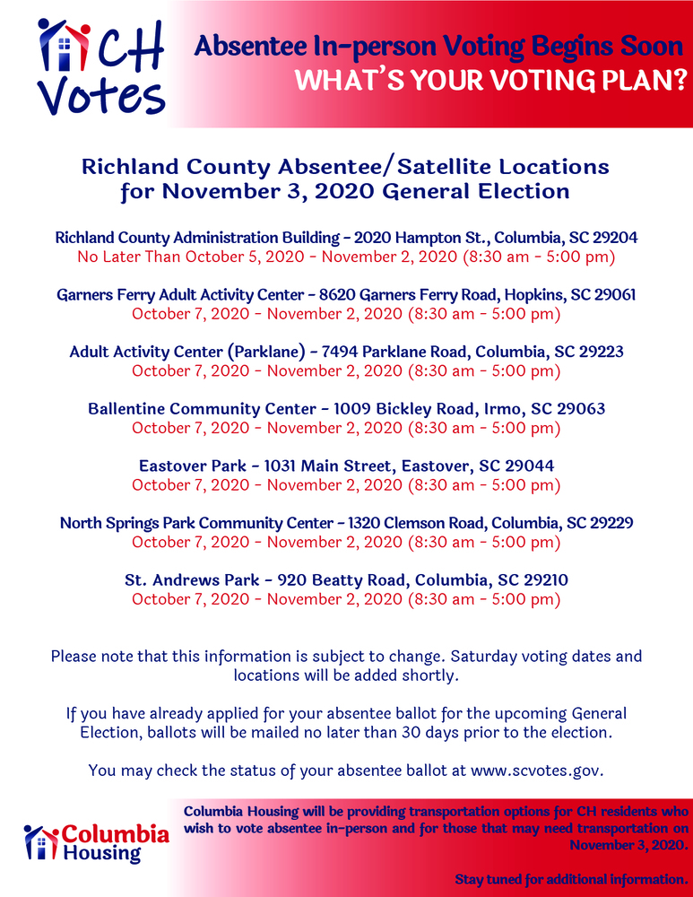 Richland County absentee in person voting locations for 2020 general election