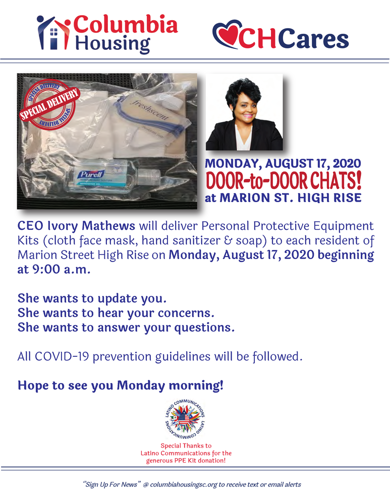 Flyer for door to door visits with Marion St. residents on August 17, 2020