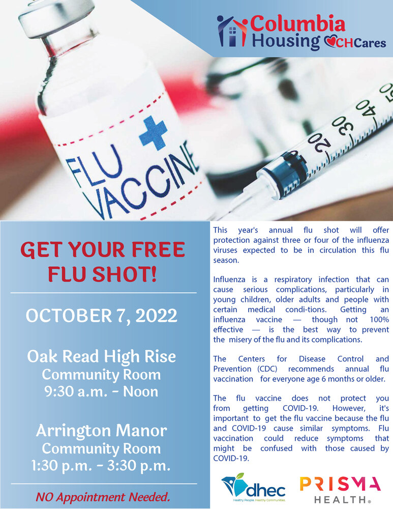 Columbia Housing Residents can receive free flu vaccines on October 7 at Oak Read High Rise or Arrington Manor