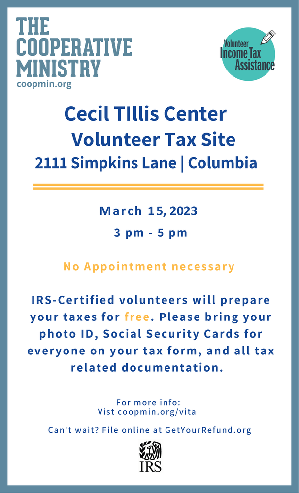 Free tax prep services on March 15, 2023 at the Cecil Tillis Center