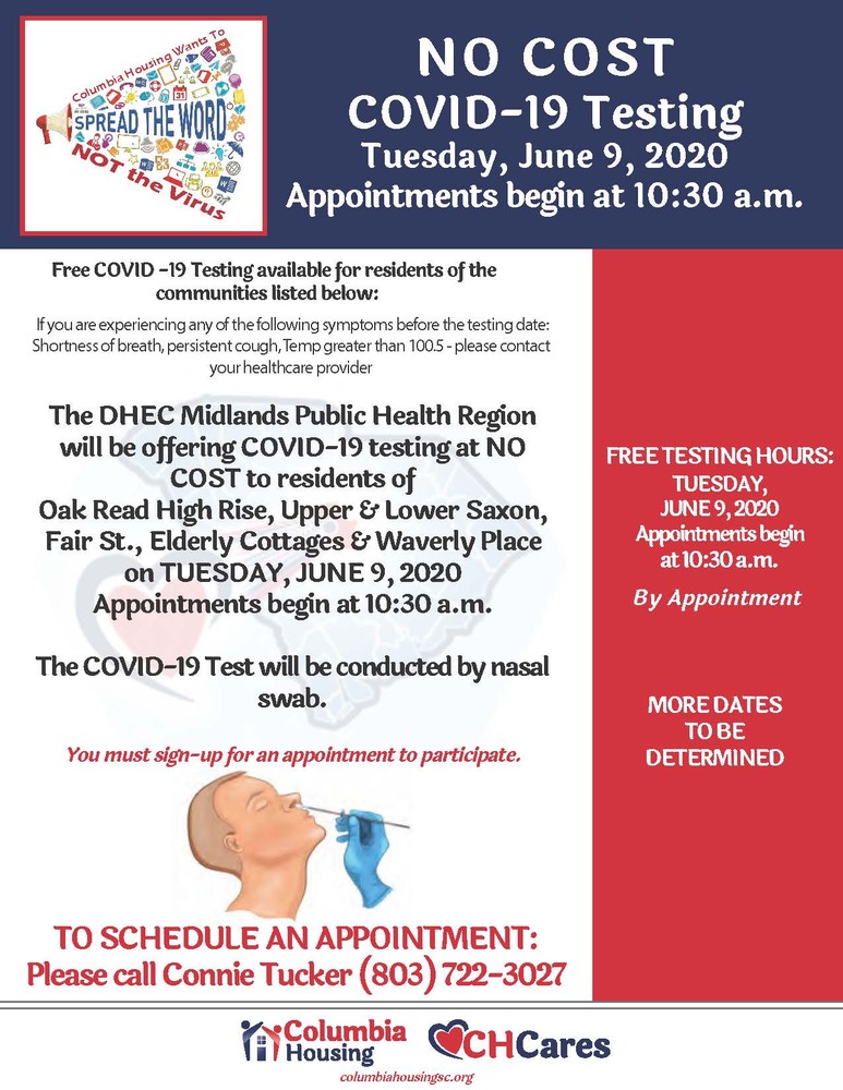 COVID 19 Testing flyer for June 9, 2020