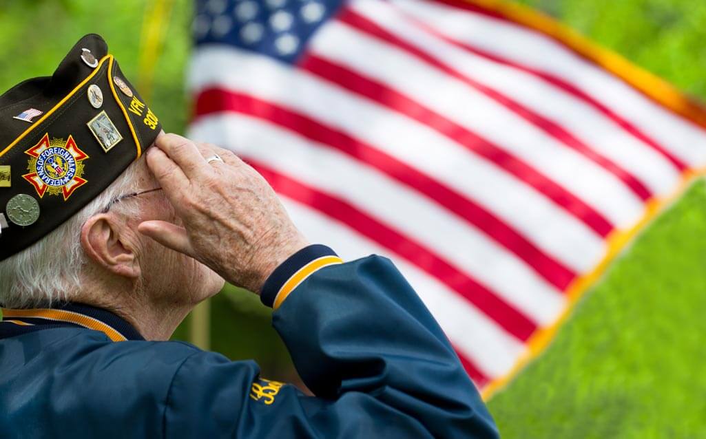 Veteran saluting American Flag